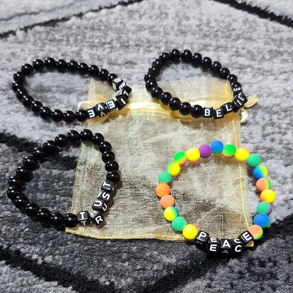 BEADED WORD ELASTIC STRETCHABLE SET-OF-4 STACKING BRACELETS BUNDLE